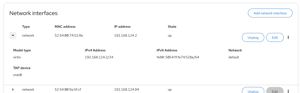 screenshot of network interfaces table expanded