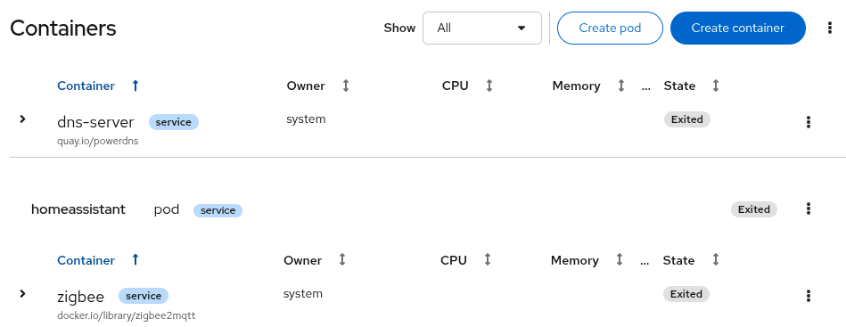 screenshot of inactive podman quadlet