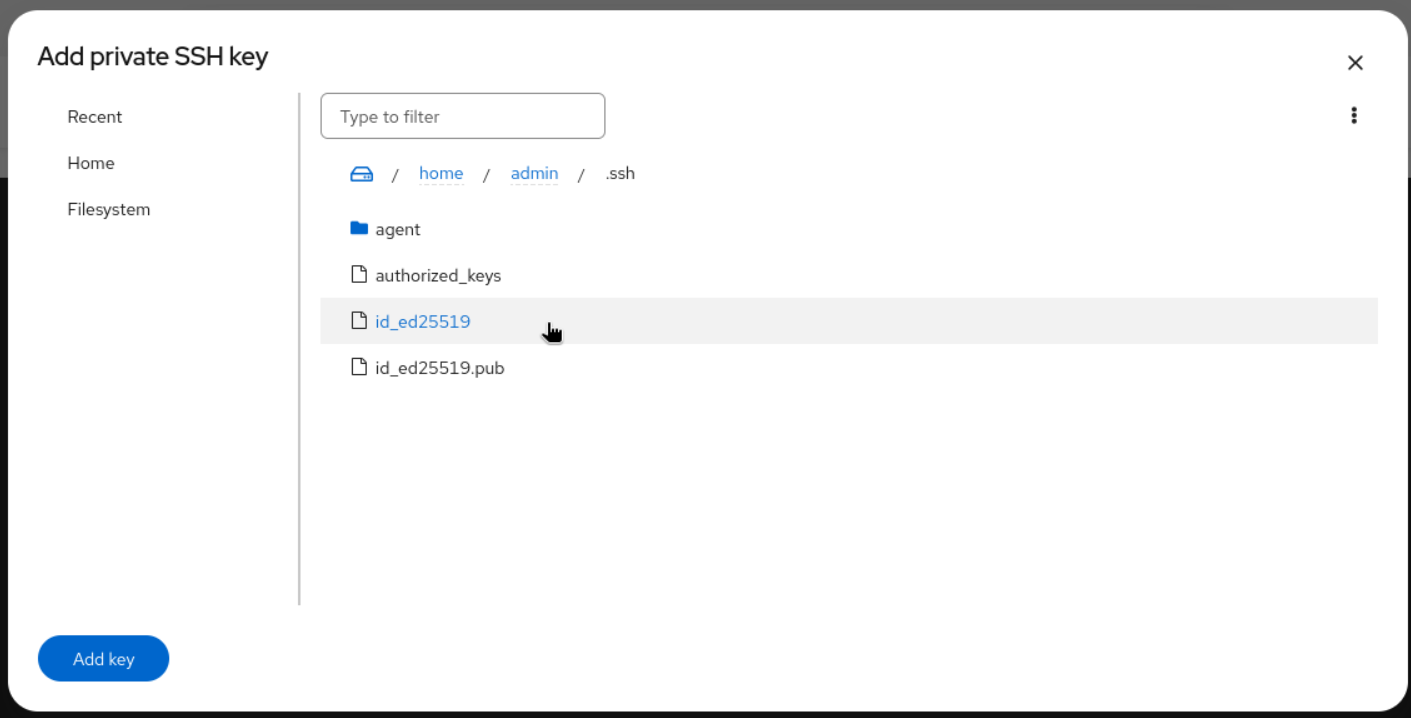 screenshot SSH key modal with title 'Add private SSH key'. The left side includes a list of location shortcuts: recent, home, downloads, filesystem. Right column includes a list of files in `/home/admin/.ssh` of SSH keypairs. Bottom left includes a blue 'Add key' button